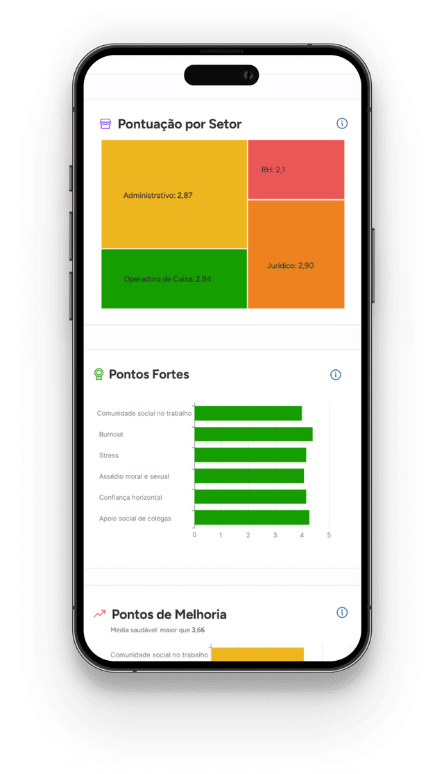 Aplicação mostrando Pontuação por Setor e Pontos Fortes